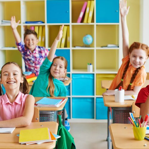 Happy classmates raising hands at lesson